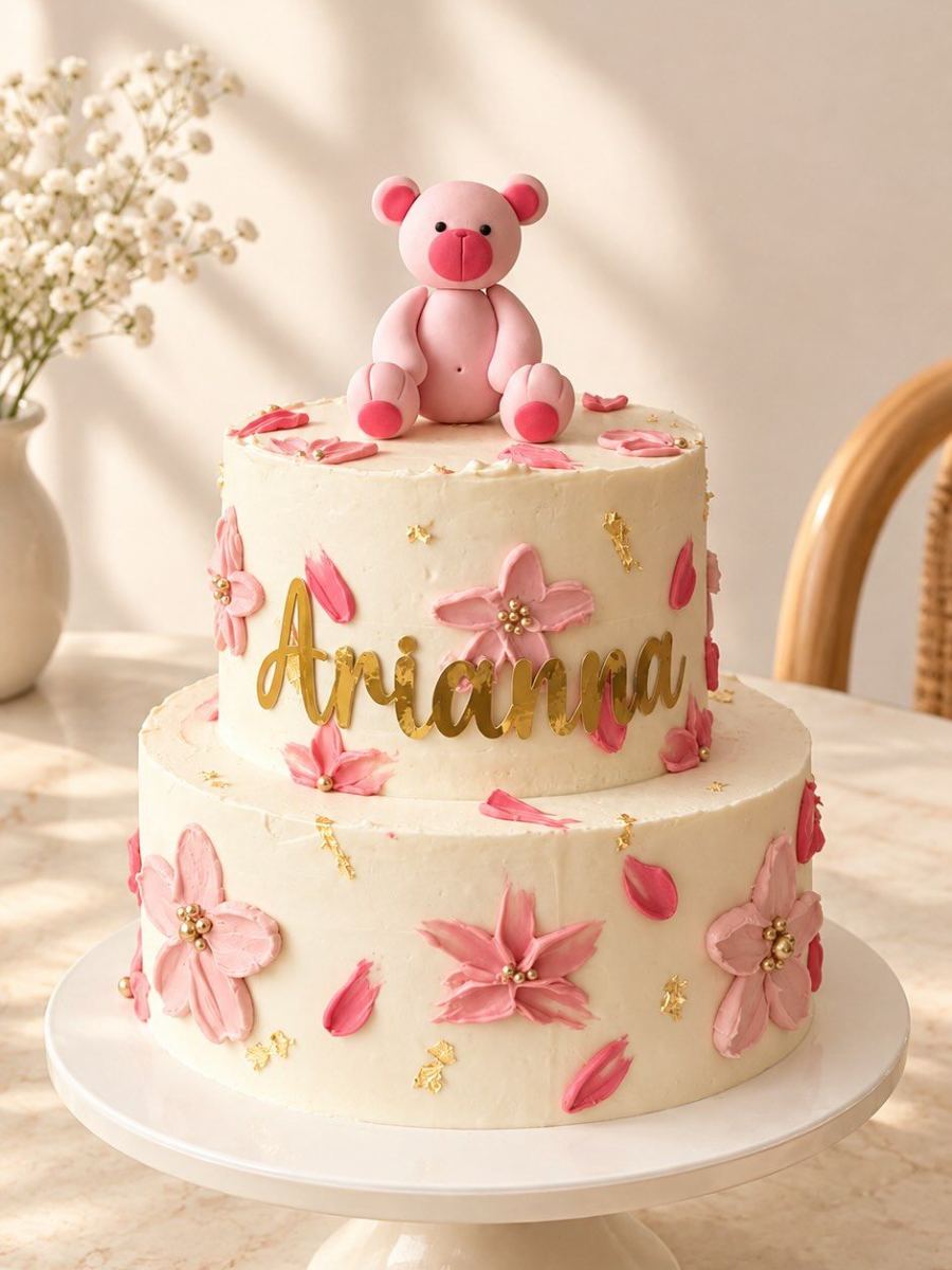 Torta de dos pisos con flores rosadas, nombre en dorado y un osito rosado en la cima